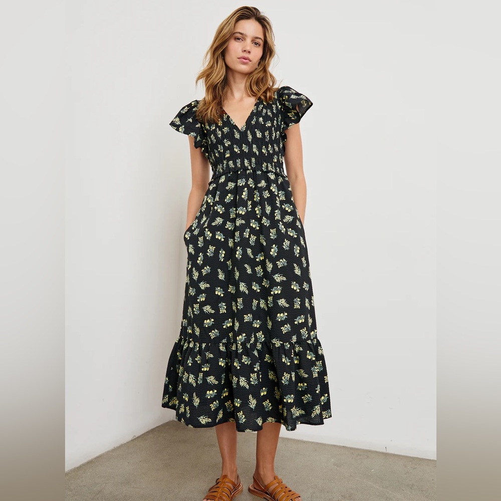 Rails Black Floral Midi Dress with Pale Yellow Flowers